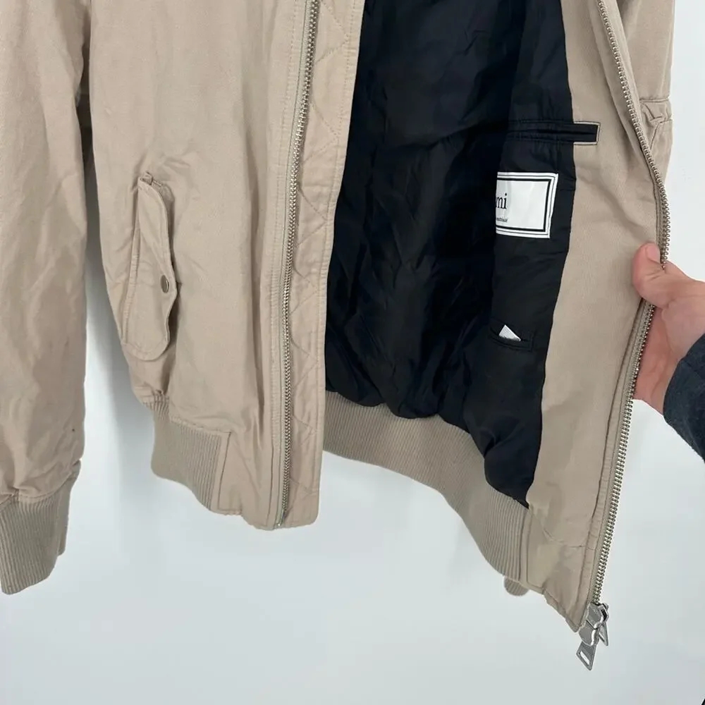 AMI PARIS Beige Bomber Jacket Designer Size Small Full Zip Classic Cotton Linen
